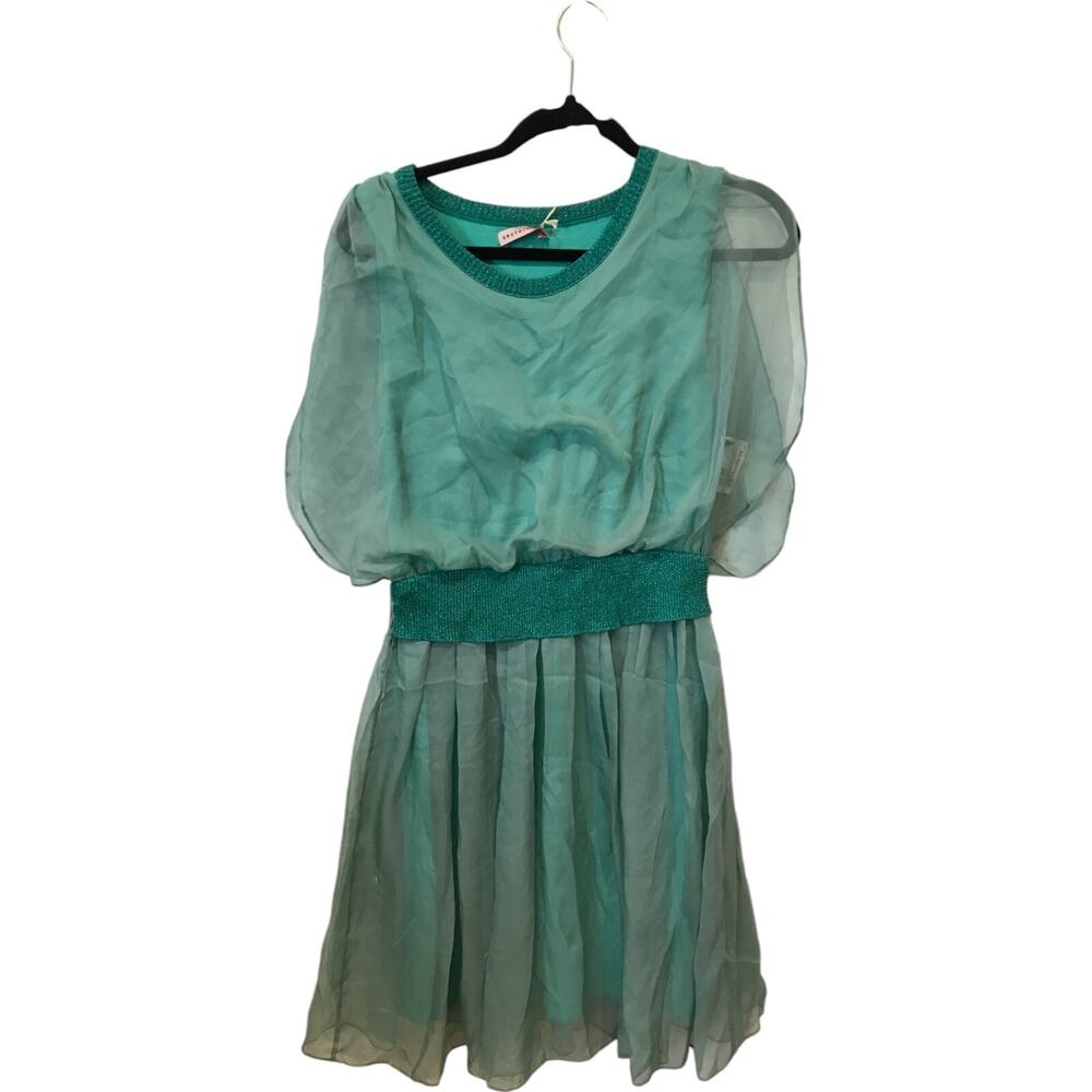 NWT Erotokritos Bottle Green Dress Size 3 Smocked Waist Sheer Overlay